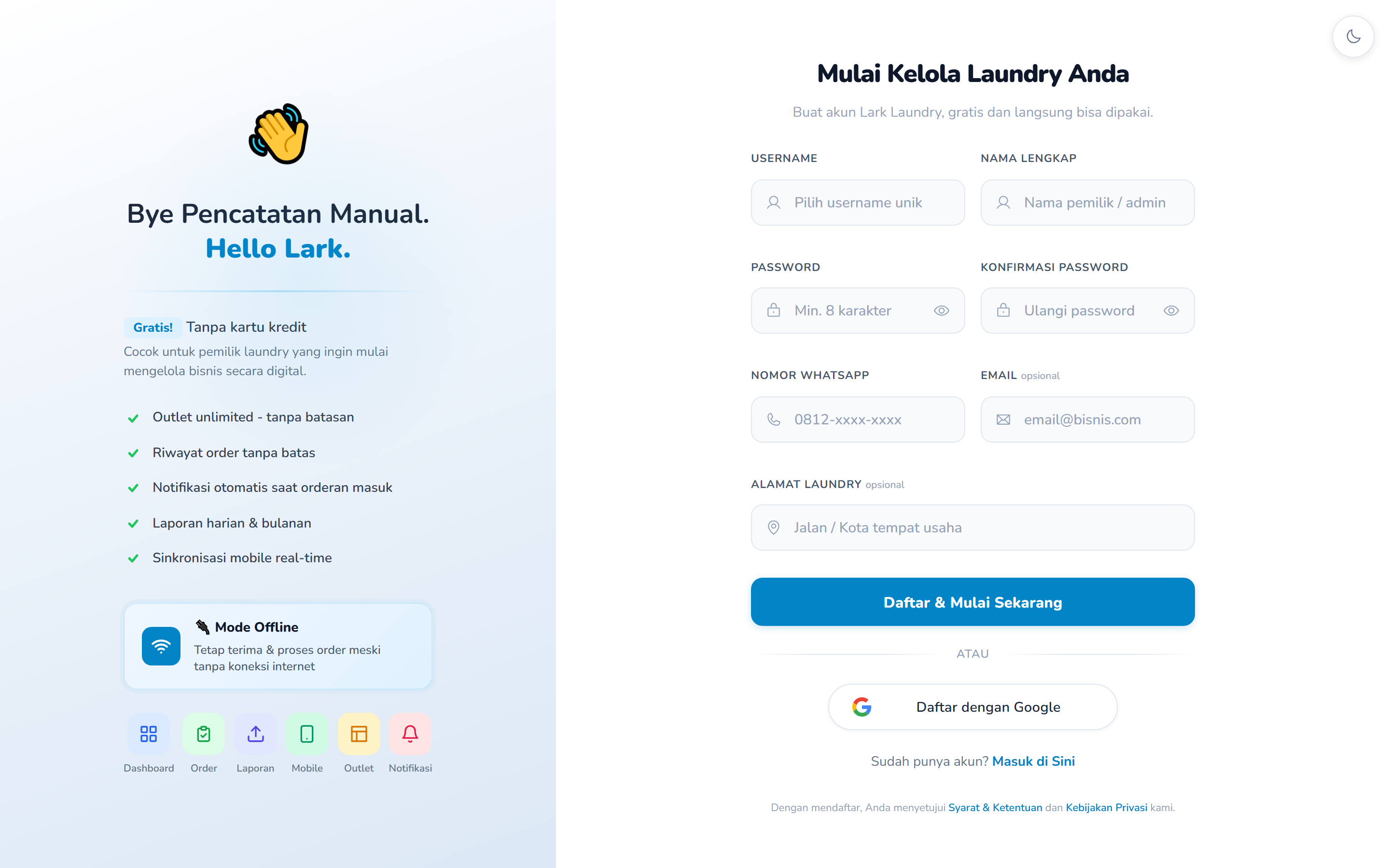 Form pendaftaran akun Lark Laundry