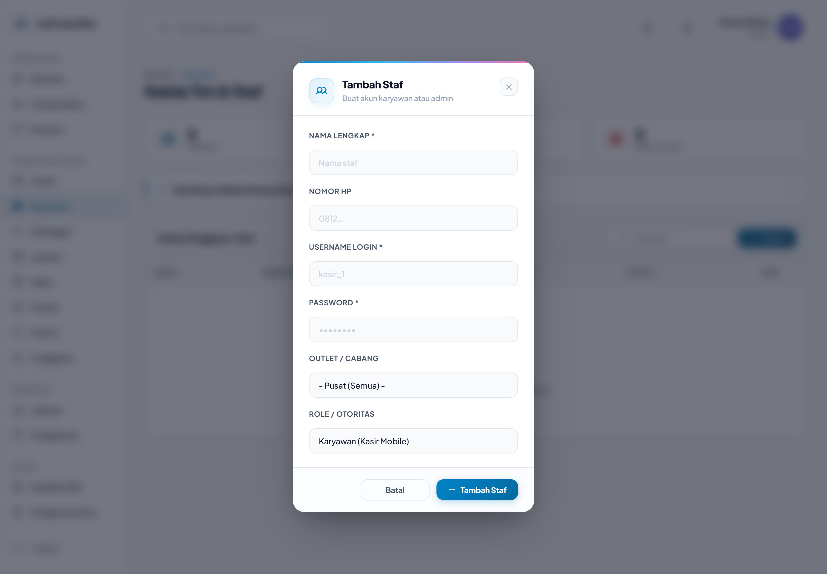 Form tambah staff di Web Dashboard