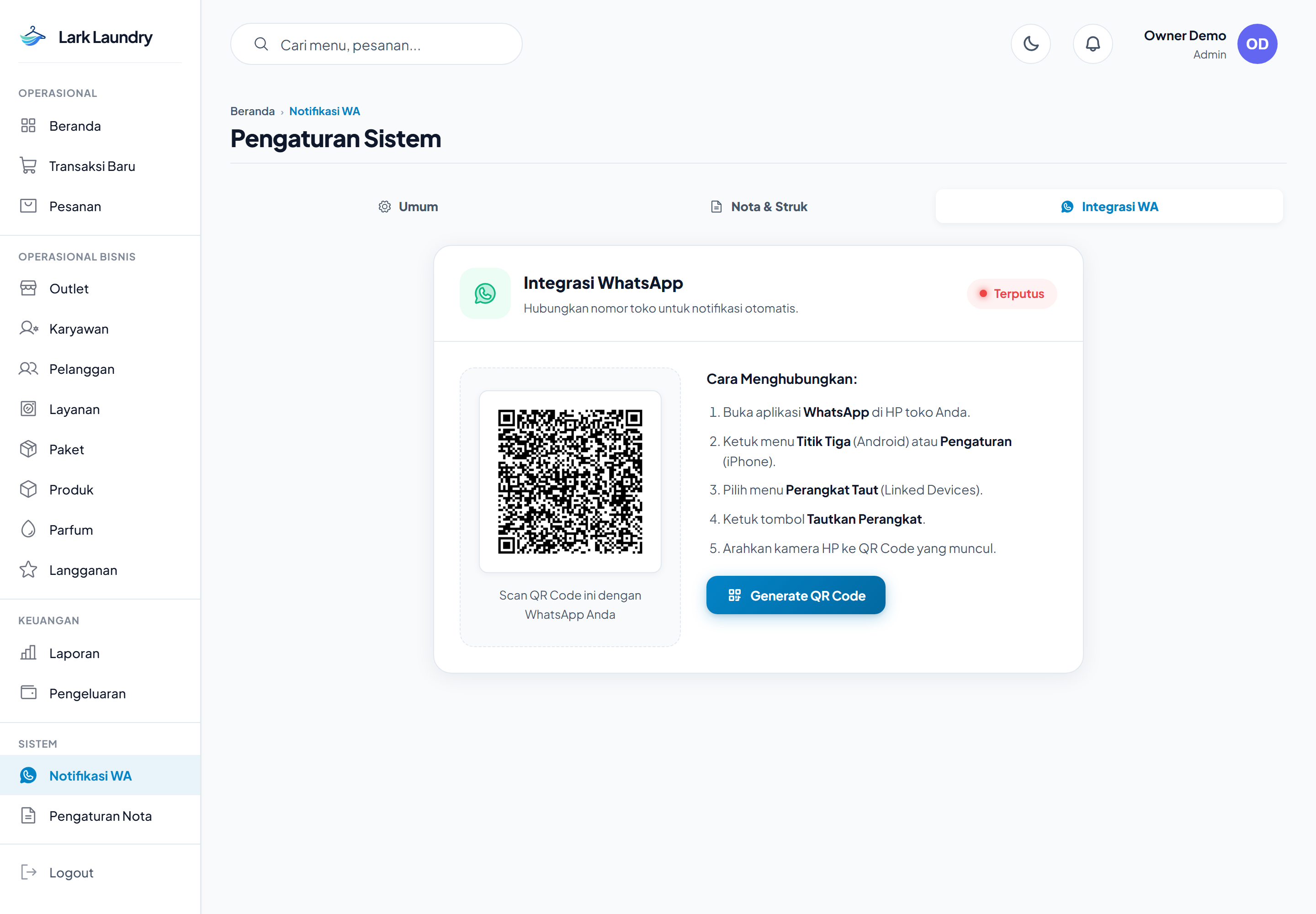 Menu Pengaturan WhatsApp dan QR Code